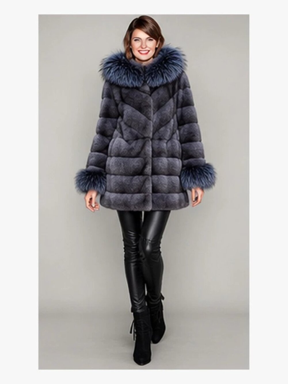 SAGA FURS Superior Real Mink Silver Fox Fur Hooded Coat Gray Blue Luxury